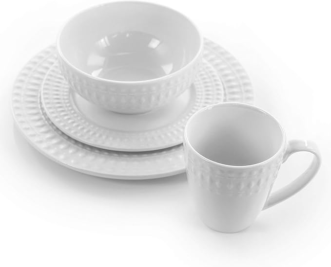 16-Piece Porcelain and Stoneware Dinnerware Set – White or Blue Round Plates and Bowls with Embossed Pattern Microwave &amp Dishwasher Safe Tableware for 4 (White)