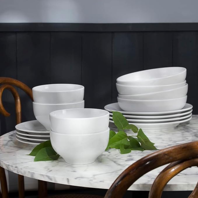 Euro Ceramica MontBlanc 16 Piece Double Bowl Dinnerware Set|TrueWhite PorcelainService For 4 | 4 Piece Entree Bowls Included