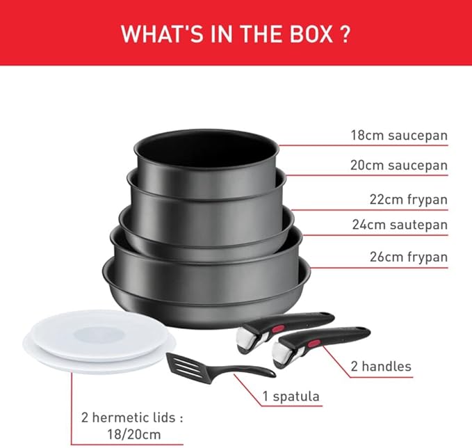 Tefal Ingenio Daily Chef ON 10 piece Non-Stick Induction Pan Set 22&amp26cm Frying pans 18&amp20cm Saucepans 24cm Sautepan 18&amp20cm Hermetic Lids Spatula 2 Bakelite Removable Handles Grey