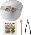 Zojirushi Micom Rice Cooker and Warmer (10-Cup/Beige) Bundle with Cookbook Kitchen Tongs (Stainless Steel Black) and 15-Inch Bamboo Spoon (4 Items)