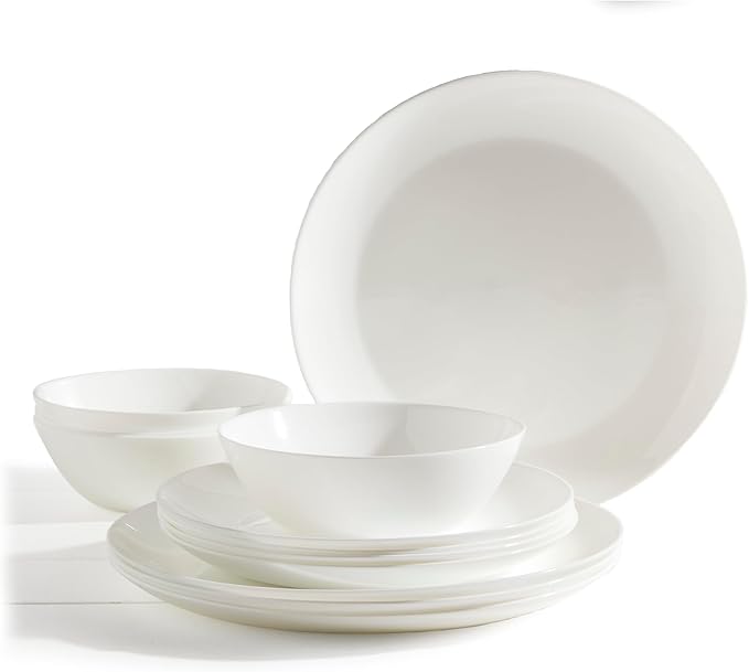 Tabletops Gallery Kitchen Dinnerware Set Microwave Dishwasher Safe Plates Bowls Service for 4-12 Piece Coupe Opal Glass Dinnerware Set White