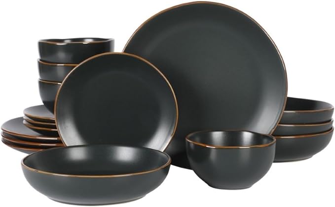 Gibson Home Hazeltine 16-Piece Black Stoneware Dinnerware Set – Plates and Bowls Durable Ceramic Kitchen Dinner Set