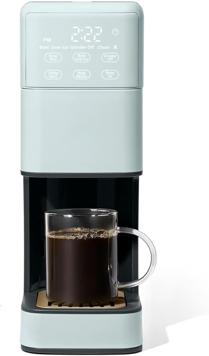 Perfect Grind Single Serve Coffee Maker built-in grinder 6 sizes 3 strengths pod-free reusable filter 64oz reservoir touch display hot &amp iced brew. (Hydrangea)