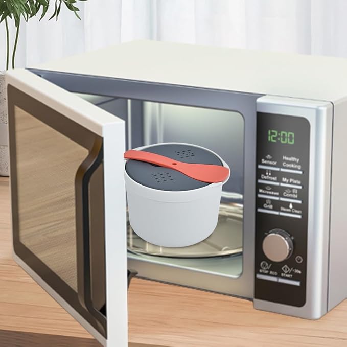 Microwave Rice Cooker 2L Microwaveable Rice Pasta Maker Vegetable Steamer Spoon Lid Strainer Non Stick Steaming Pot Cookware for Home Meal Prep Baking Noodle Dishwasher Safe Cooks Up to 6 Cups