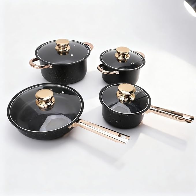 Cookware Set Stainless Steel with Maifan Stone Nonstick Coating 4 - Piece Pots and Pans with Glass Lids - Eco - Friendly Cooking Even Heat Distribution Ideal for Every