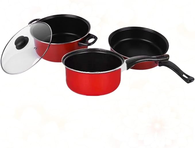 3pcs Cookware Set Kitchen Pots and Pan Induction Kitchen Utensils Fry Pan Milk Frying Nonstick Soup Pots Cooking Stainless Nonstick Frying Non Stick Red