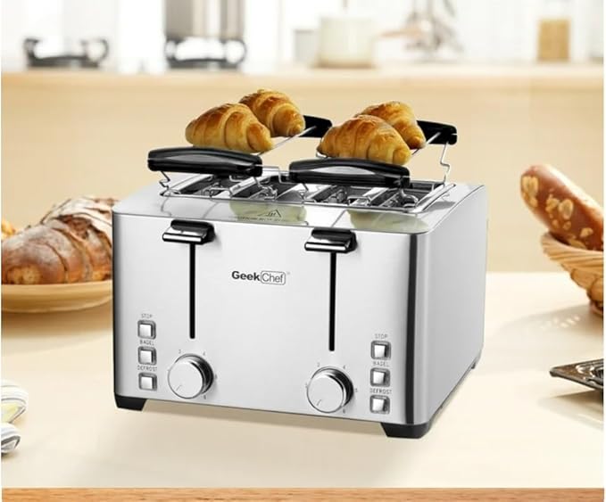 1500W Toaster 4Slice 4-Slot Bagel Croissant Waffles Donuts Defrost with Warming Rack Stainless Steel GTS4C