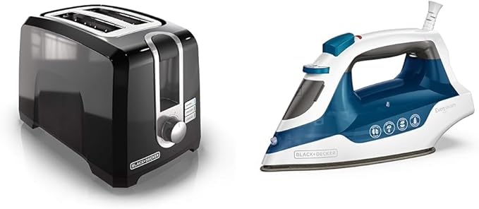 BLACK+DECKER 2-Slice Toaster T2569B Extra Wide Slots 6 Shade Settings 850 Watts Crub Tray &amp Easy Steam Compact Iron IR06V Dual Position Cord TrueGlide Non-Stick Soleplate