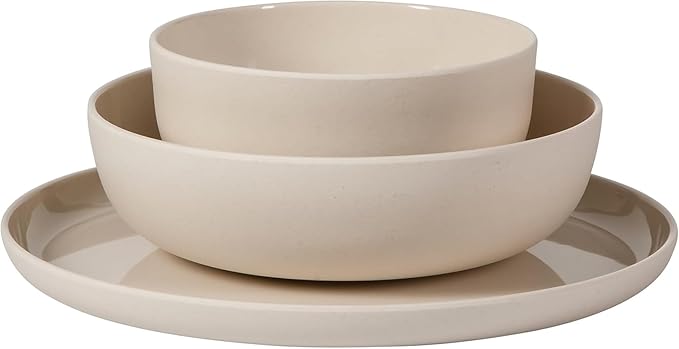 12 Piece Wheat Straw Melamine Dinnerware Set – Lightweight Plates and Bowls Service for 4 Durable &amp Dishwasher Safe (Taupe)