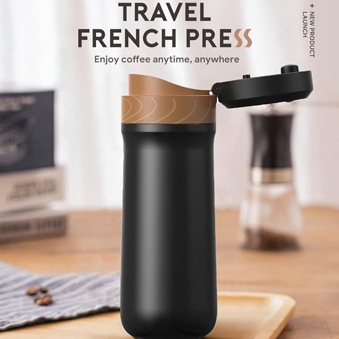 Sesama Classic Portable French Press Coffee Mug 12 oz with Carry Loop Stainless Steel French Press Coffee Maker BPA Free Great for Camping and Travel