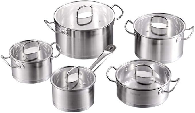 Kitchen Cookware Set 9 Piece Stainless Steel Cooking Pot &amp Pan Sets Induction Safe Saucepan Casserolewith Glass lid