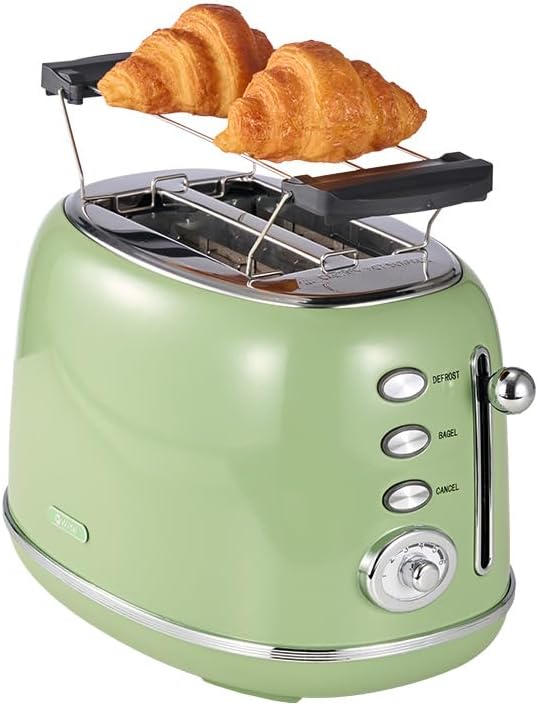 Toaster Retro 2 Slice Vintage Green Toaster with Lid with Bread Attachment Preheat Defrost And Cancel Functions 6 Browning Levels (Green)