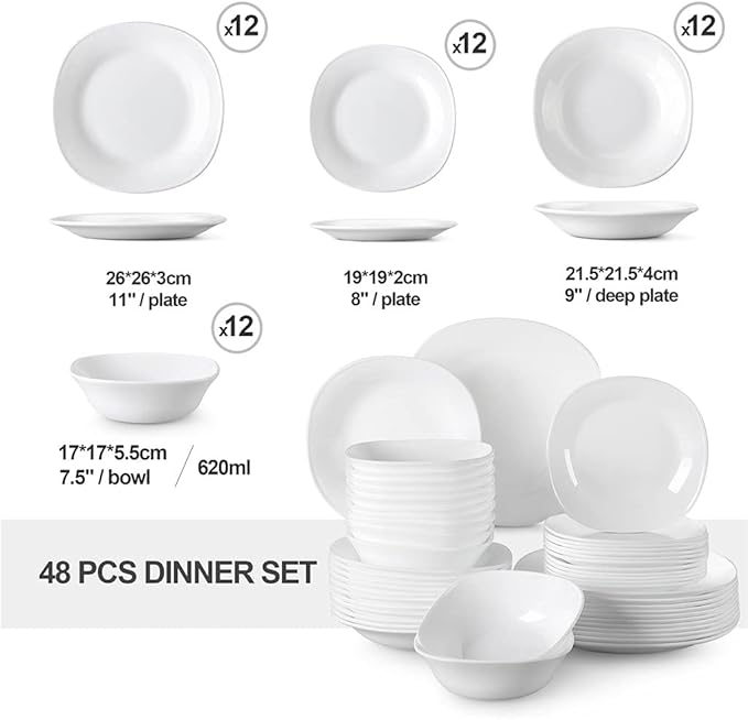 24/48-Piece Unbreakable Durable Opal Glass Dinnerware Set with Dinner Plate Soup Plate Dessert Plate Bowl Set