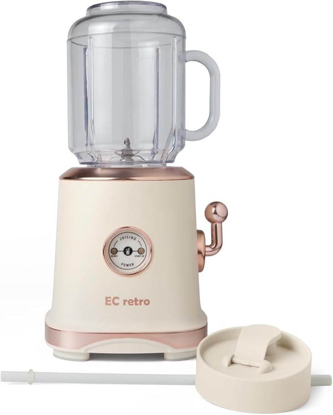 ECretro Retro Smoothie Blenders Countertop Juicer Maker with 20oz BPA Free Travel Cup and Lid 300W 2-Speed for Shakes and Ice Crush (Beige Light Yellow)