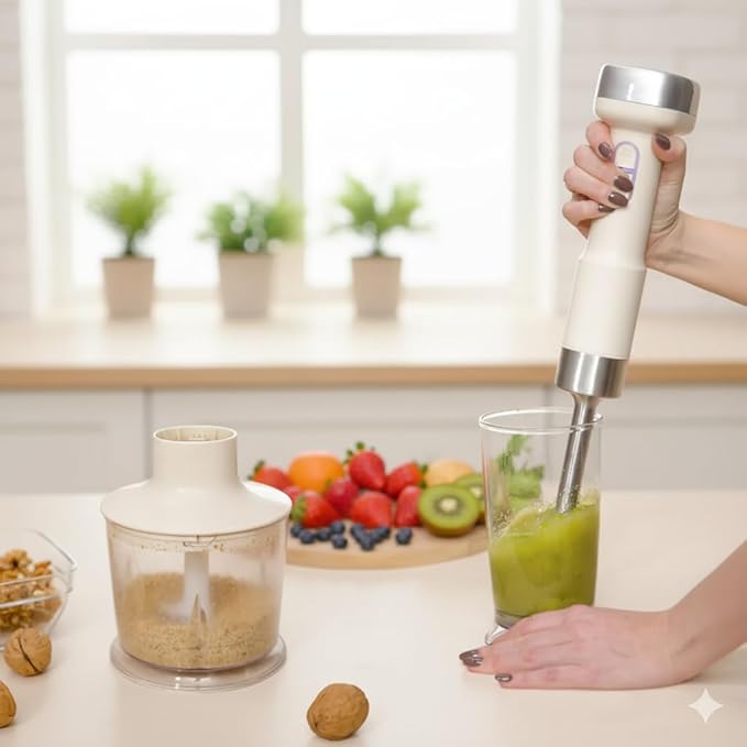 CARTMAN Cordless 3 In 1 Immersion Hand Blender with Removable Battery with Stainless Steel Blade Chopper Whisk for Soup Juice Outdoor PicnicVariable Speed Dishwasher-Safe