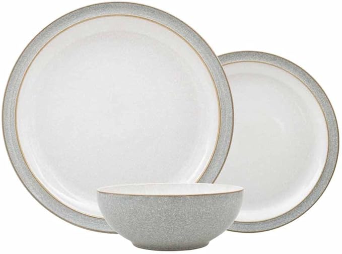 Denby Elements Light Grey Dinner Set - 4/12 Piece Ceramic Tableware - Dishwasher &amp Microwave Safe - 4 Dinner Plates 4 Medium Plates 4 Cereal Bowls