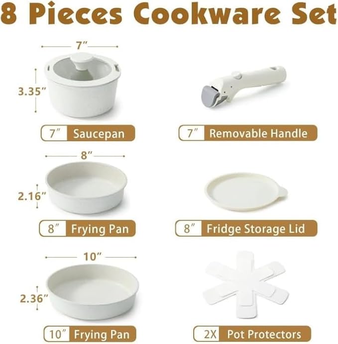 Non-Stick Pots and Pans Set with Detachable Handle 8Pcs Cookware Sets Space Saving Induction Kitchen Cookware Sets Dishwasher/Oven Safe(White) for Home Use