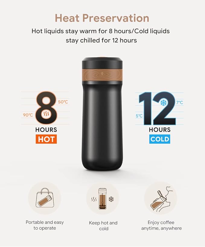 Portable French Press Coffee Maker Travel French Coffee Maker Stainless Steel Coffee Mug 12 oz Double Mesh Filter Great for Camping and Traveling