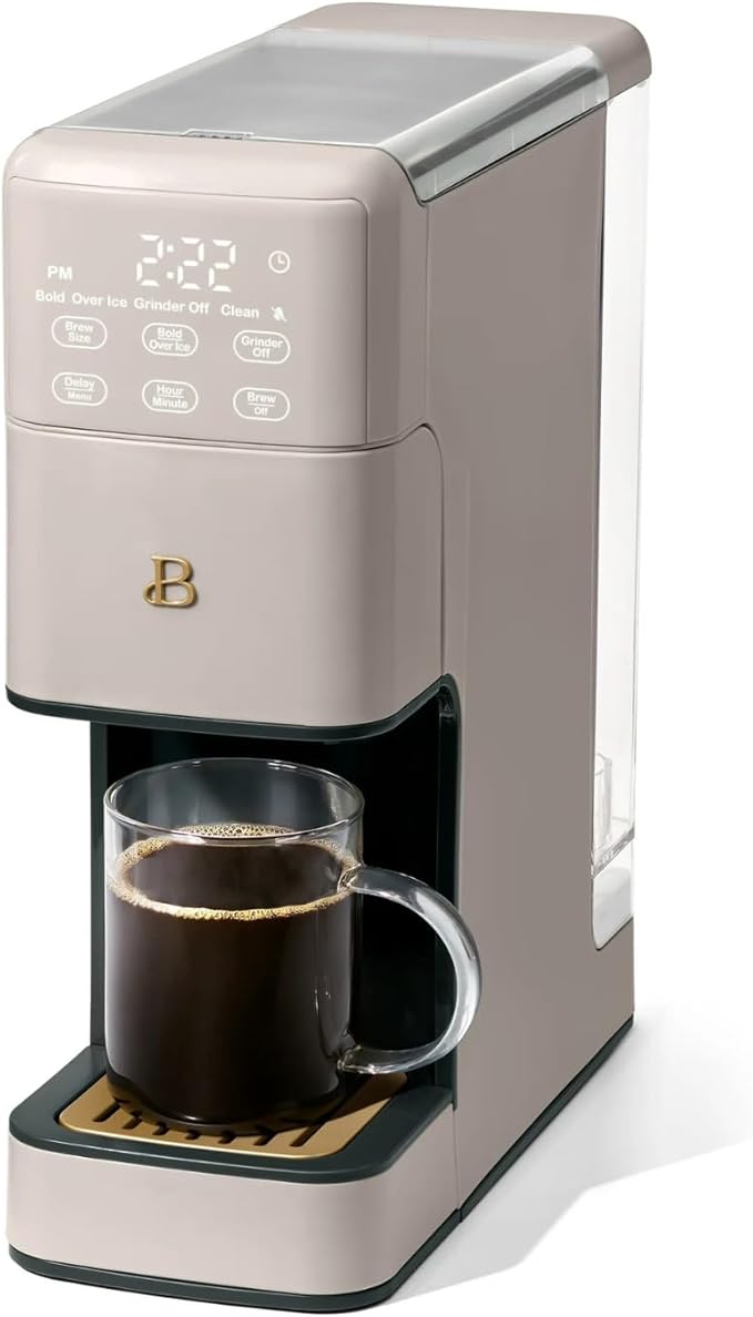 B - Perfect Grind Programmable Single-Serve Coffee Maker with Built-In Grinder Fresh Ground Brewing Touch Controls Reusable Filter Compact Countertop Design (Porcini Taupe)