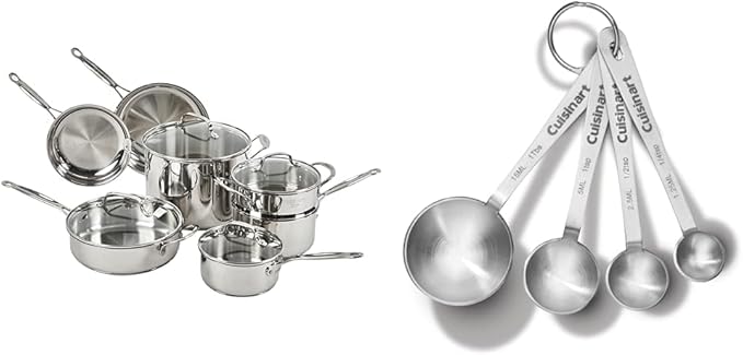 Cuisinart 11-Piece Cookware Set Chef's Classic Stainless Steel Collection 77-11G &amp CTG-00-SMP Stainless Steel Measuring Spoons Set of 4Silver