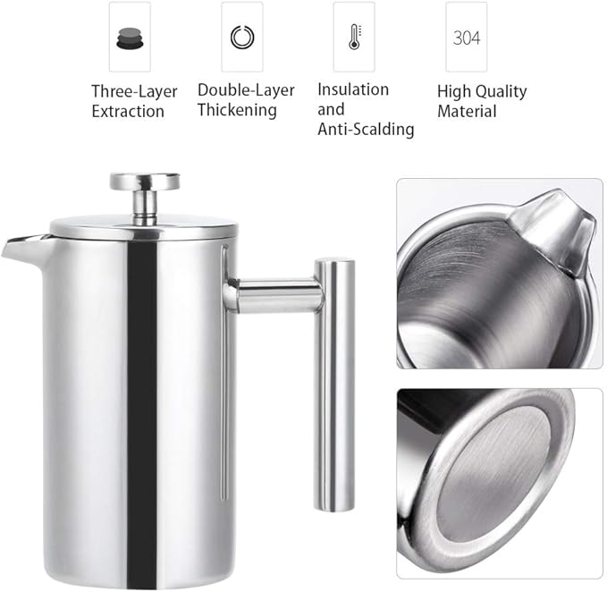 Topyond Stainless Steel French Press Coffee Maker 350ml Thermal Insulated Double Deck Plastic NO for Camping Home and Travel