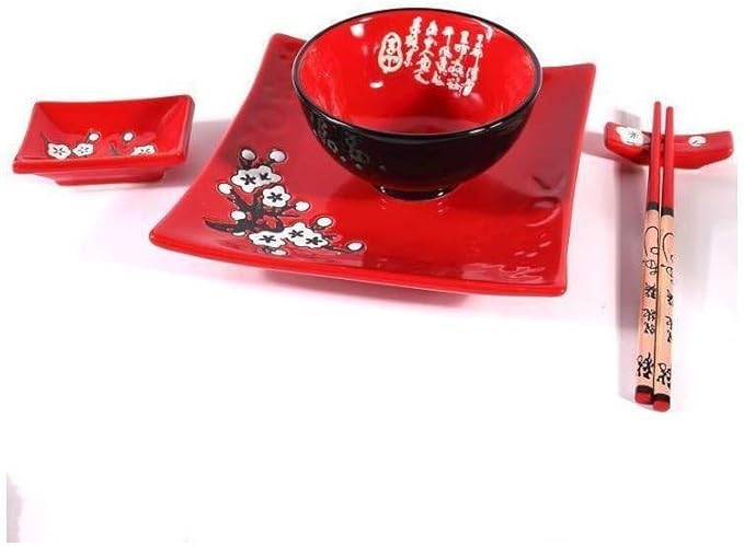 Japanese Dinner Set - 10 Pieces Red Floral Pattern