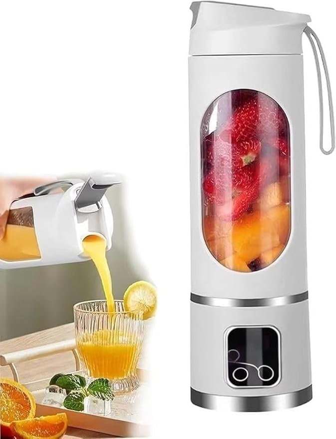 Portable Juice Blender - Three-Speed USB Charging 12-Blade Ice Crusher and Digital Display - Compact and portable with a 450ml capacity for making juice at home and on the go(White)