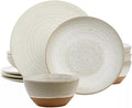 12 Piece Earthenware Dinnerware Set – Reactive Glaze Plates and Bowls with Raw Textured Base Round Ceramic Design Microwave &amp Dishwasher Safe Service for 4 (Matte White)