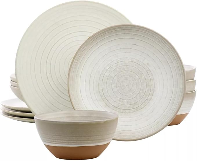 12 Piece Earthenware Dinnerware Set – Reactive Glaze Plates and Bowls with Raw Textured Base Round Ceramic Design Microwave &amp Dishwasher Safe Service for 4 (Matte White)