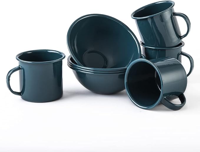 Cinsa 16 Piece. Enameled Dinnerware Camping/Outdoor Set for 4. Includes Plates Bowls Mugs Coffee Boiler