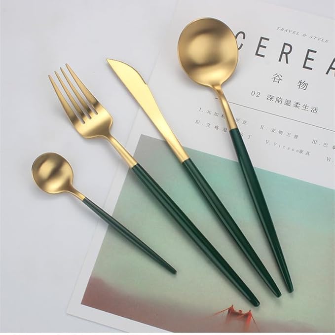 Ceramic Tableware Gilt Rim Green Ceramic Plate Steak Food Plate Tableware Bowl Ins Dinner Dish Porcelain Dinnerware Set for Family HotelCutlery Set(4pcs)