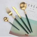 Ceramic Tableware Gilt Rim Green Ceramic Plate Steak Food Plate Tableware Bowl Ins Dinner Dish Porcelain Dinnerware Set for Family HotelCutlery Set(4pcs)