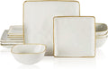 Famiware Dinnerware Sets for 4 Ocean Square 12-Piece Kitchen Plates and Bowls Sets Microwave and Dishwasher Safe Scratch Resistant Vanilla White