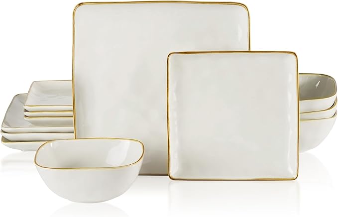 Famiware Dinnerware Sets for 4 Ocean Square 12-Piece Kitchen Plates and Bowls Sets Microwave and Dishwasher Safe Scratch Resistant Vanilla White