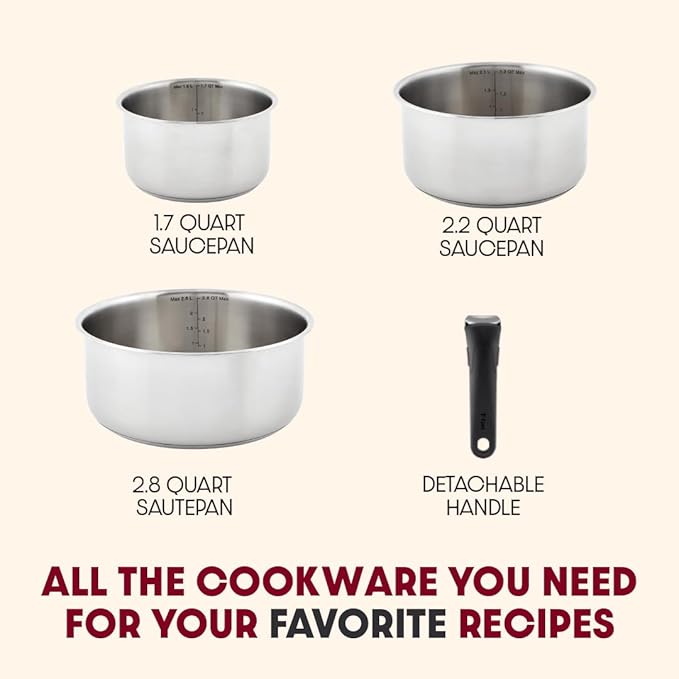 T-fal Ingenio Expertise Stainless Steel Cookware Set 4 Piece Induction Oven Safe Stackable Cookware Pots and Pans RV Camping Frying Pans Dishwasher Safe Detachable/Removable Handle Silver