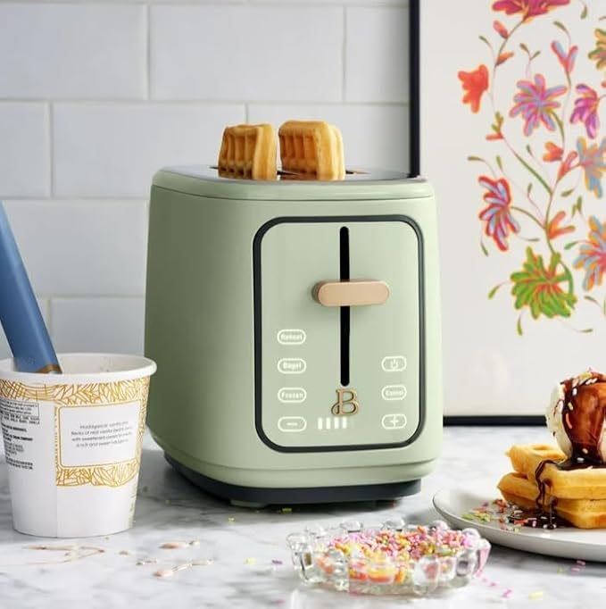 Beauti 2 Slices Toaster with Touch Activated Display 900 W Bagel/Frozen/Reheat Presets Wide Slots Easy Cleaning (Sage Green)
