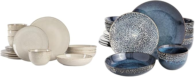 Gibson Elite Matisse 16 Piece Double Bowl Dinnerware Set Service for 4 (16pcs) Taupe and Cobalt Blue