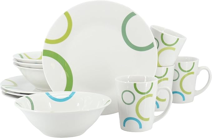 12-Piece Ceramic Dinnerware Set for 4 – White Round Plates Bowls &amp Mugs with Green Loops – Microwave &amp Dishwasher Safe Tableware Set (White &amp Green)