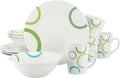 12-Piece Ceramic Dinnerware Set for 4 – White Round Plates Bowls &amp Mugs with Green Loops – Microwave &amp Dishwasher Safe Tableware Set (White &amp Green)