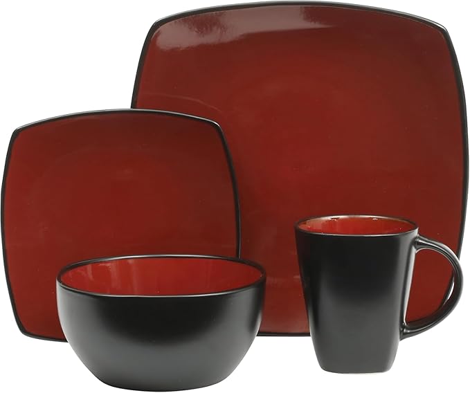 16-Piece Soho Lounge Square Stoneware Dinnerware Set – Bold Colors &amp Modern Design – Microwave &amp Dishwasher Safe (Red)