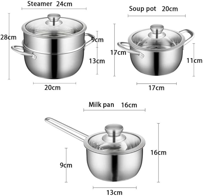 Cookware Set3-Piece Stainless Steel Pot &amp Pan Sets Induction Safe SaucepanMilk Pot with Tempered Glass Cover Comfortable Handle Suitable for Various Gas and Induction Cooker