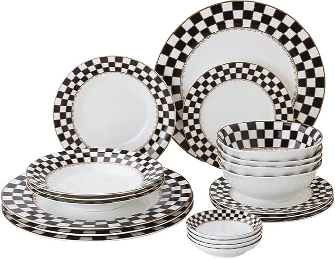 Porlien Checker Pattern 20-piece Round Dinnerware Set for 4 Porcelain Dinner Sets