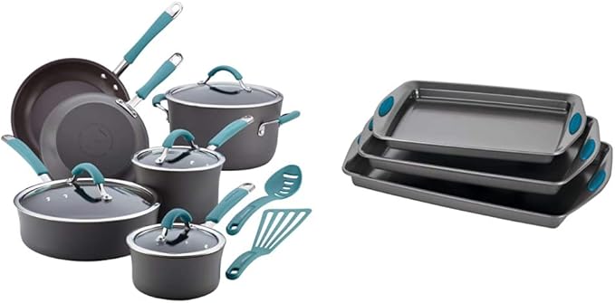 Rachael Ray Cucina Hard Anodized Nonstick Cookware Pots and Pans Set 12 Piece Gray with Blue Handles &amp Ray Bakeware Nonstick Cookie Pan Set 3-Piece Gray with Marine Blue Grips
