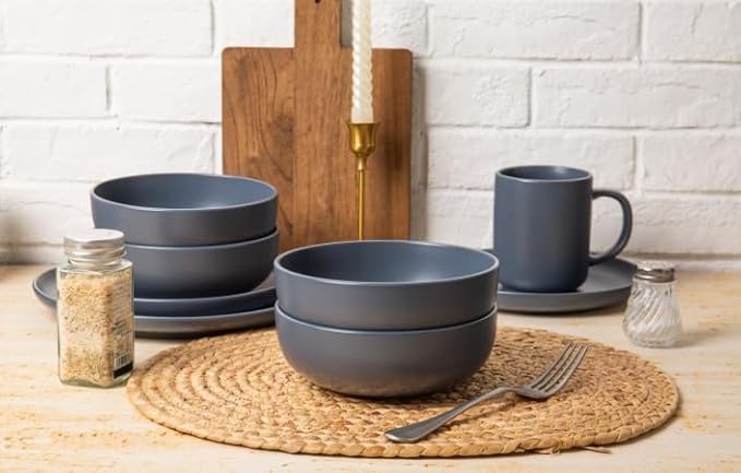 12-Piece Stoneware Dinnerware Set for 3 - Chip-Resistant Plates Bowls &amp Mugs Premium High-Density Stoneware Dishwasher &amp Microwave Safe Stackable Space-Saving Design with Matte Glaze(Blue)