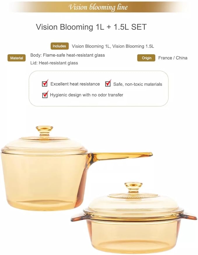 Visions Glass Ceramic Cookware Set 1L + 1.5L – Transparent Heat-Resistant Glass Pots with Lid Easy-Grip Handle &amp Multi-Stovetop Compatibility