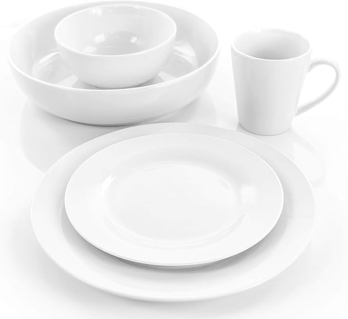 18 Piece White Porcelain Dinnerware Set – Round Plates Bowls Mugs &amp Serving Bowls for 4 Microwave &amp Dishwasher Safe Elegant Glossy Finish Tableware Set