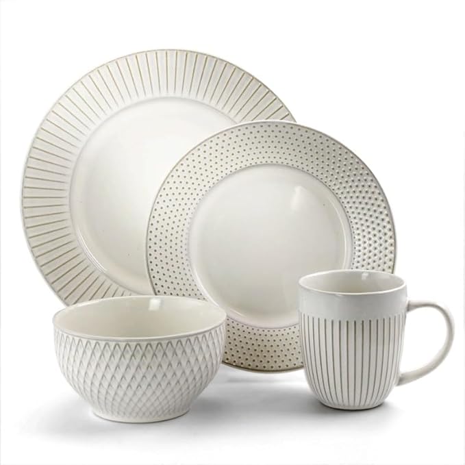 16 Piece Round Stoneware Dinnerware Set in Embossed Dish Set Household Plate Dish Ceramic Bowl Cutlery Combination