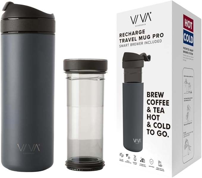 VIVA Recharge Grey Insulated Tea &amp Coffee Mug &amp Travel French Press Coffee Maker 16 oz Brew &amp Drink From the Same Coffee Mug On the Go or Camping