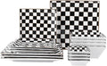 Porlien Checker Porcelain Square Dinnerware Set for 4 Dishes Set for 4 with 3.3-inch Dipping Saucers Black and White Plates and Bowls Set