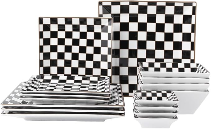 Porlien Checker Porcelain Square Dinnerware Set for 4 Dishes Set for 4 with 3.3-inch Dipping Saucers Black and White Plates and Bowls Set